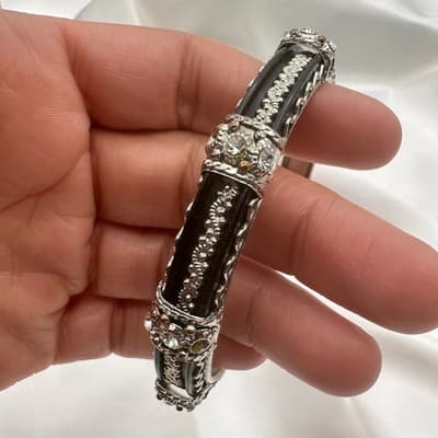 Vintage 90 Silver Tone Clear Rhinestone Black Enamel Bracelet Women's Jewelry - Thumbnail 9