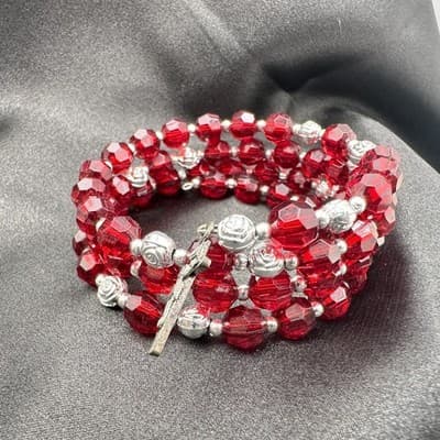 Vintage Y2K Silver Tone Crucifix Charm Beaded Memory Wire Wrap Bracelet Jewelry - Thumbnail 6