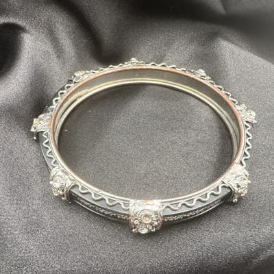 Vintage 90 Silver Tone Clear Rhinestone Black Enamel Bracelet Women's Jewelry - Thumbnail 7