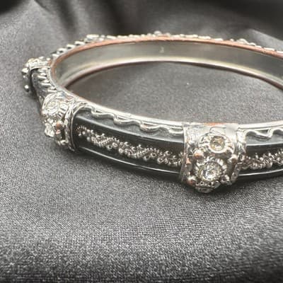 Vintage 90 Silver Tone Clear Rhinestone Black Enamel Bracelet Women's Jewelry - Thumbnail 8