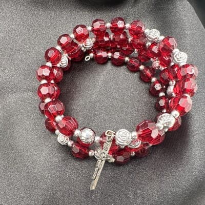 Vintage Y2K Silver Tone Crucifix Charm Beaded Memory Wire Wrap Bracelet Jewelry - Thumbnail 7