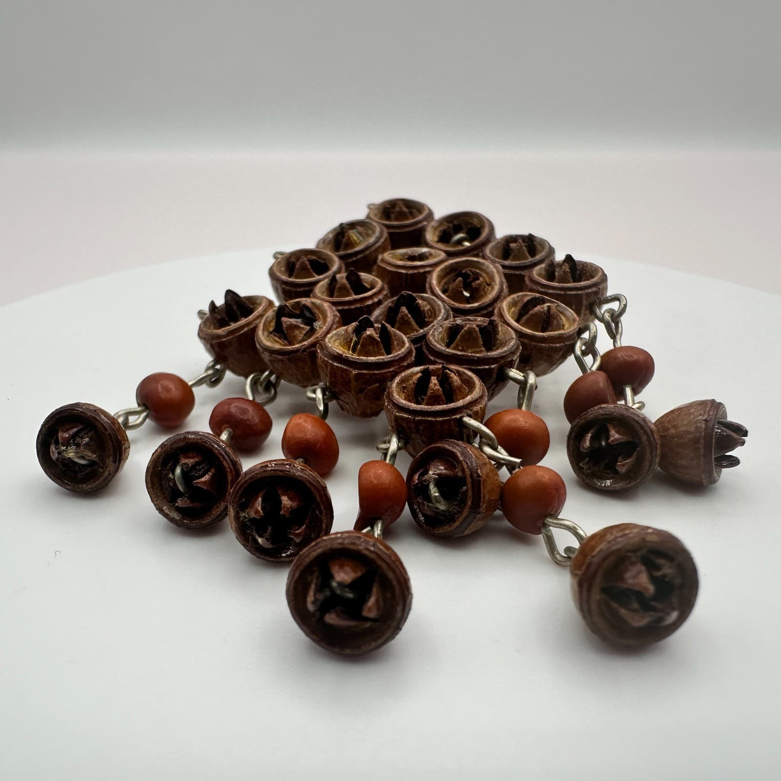 Vintage 90s Brown Wood Nut Seed Dangle Brooch Natural Boho Statement Jewelry Y2K - Thumbnail 4