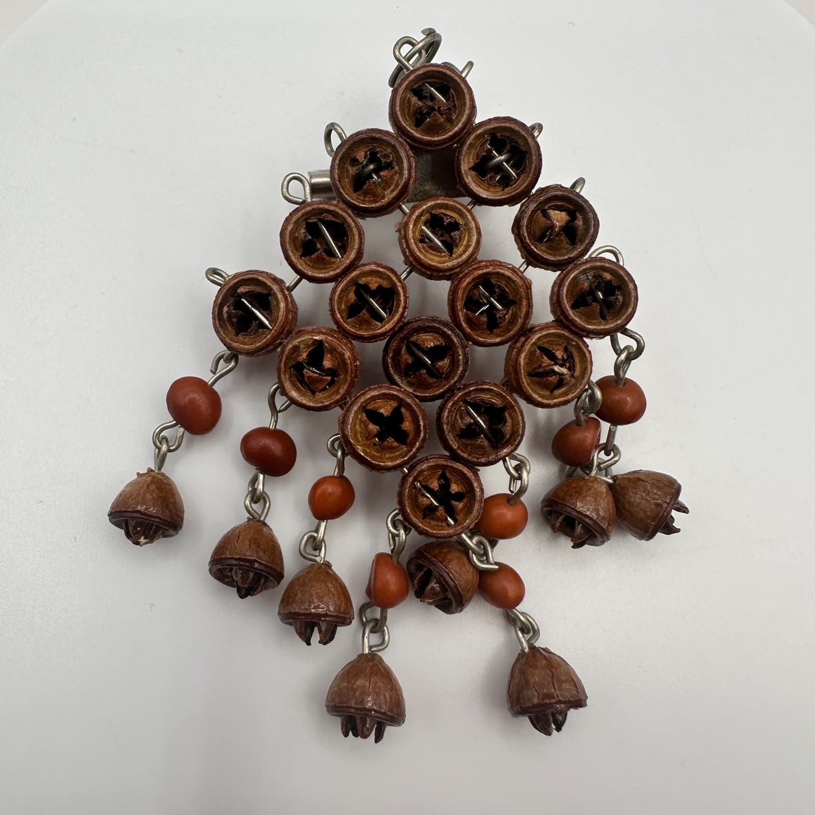 Vintage 90s Brown Wood Nut Seed Dangle Brooch Natural Boho Statement Jewelry Y2K