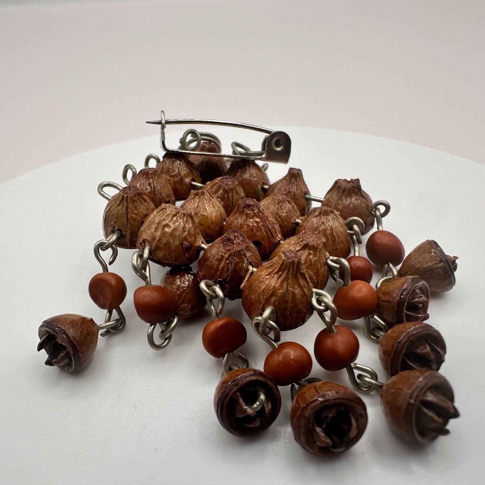 Vintage 90s Brown Wood Nut Seed Dangle Brooch Natural Boho Statement Jewelry Y2K - Thumbnail 6