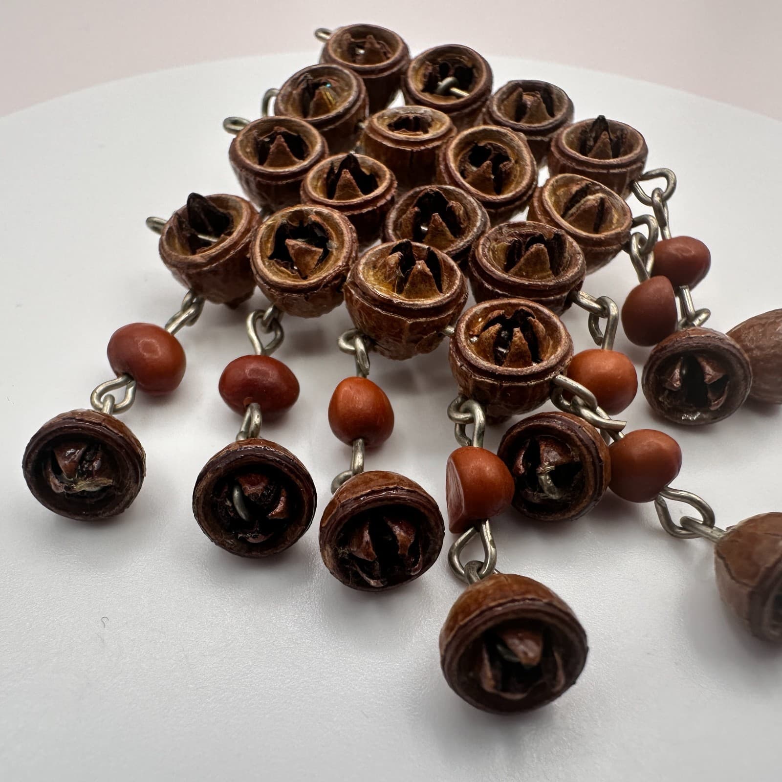 Vintage 90s Brown Wood Nut Seed Dangle Brooch Natural Boho Statement Jewelry Y2K - Thumbnail 5