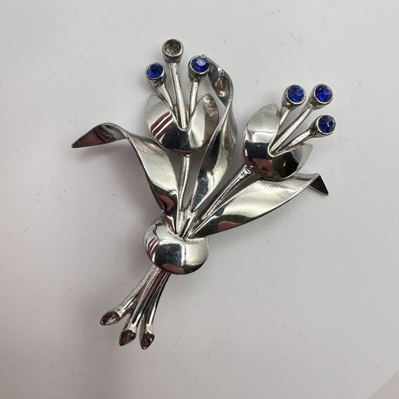 VTG Y2K Silver Tone Blue Rhinestone Floral Bouquet Brooch Pin Women's Jewelry