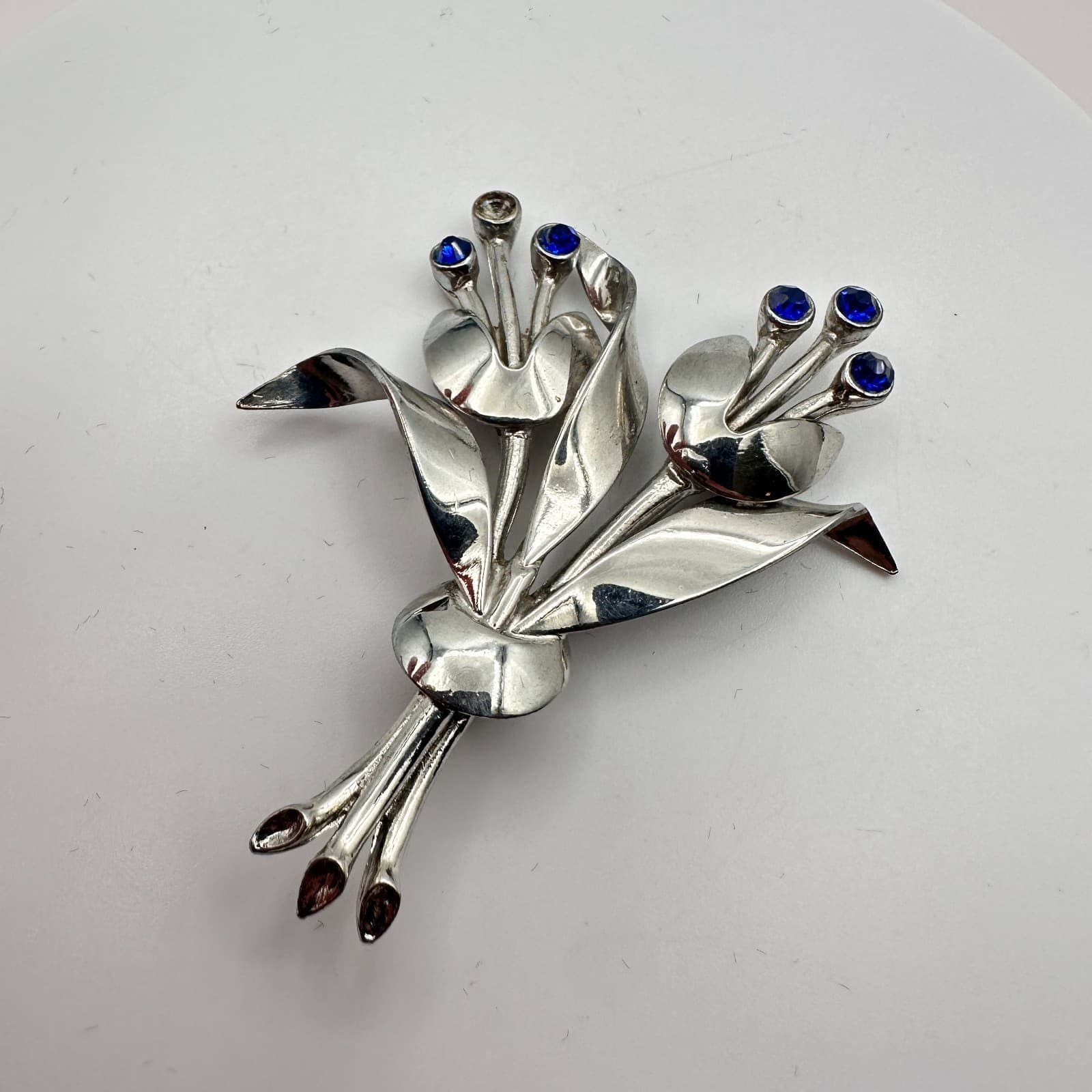 VTG Y2K Silver Tone Blue Rhinestone Floral Bouquet Brooch Pin Women's Jewelry - Thumbnail 5
