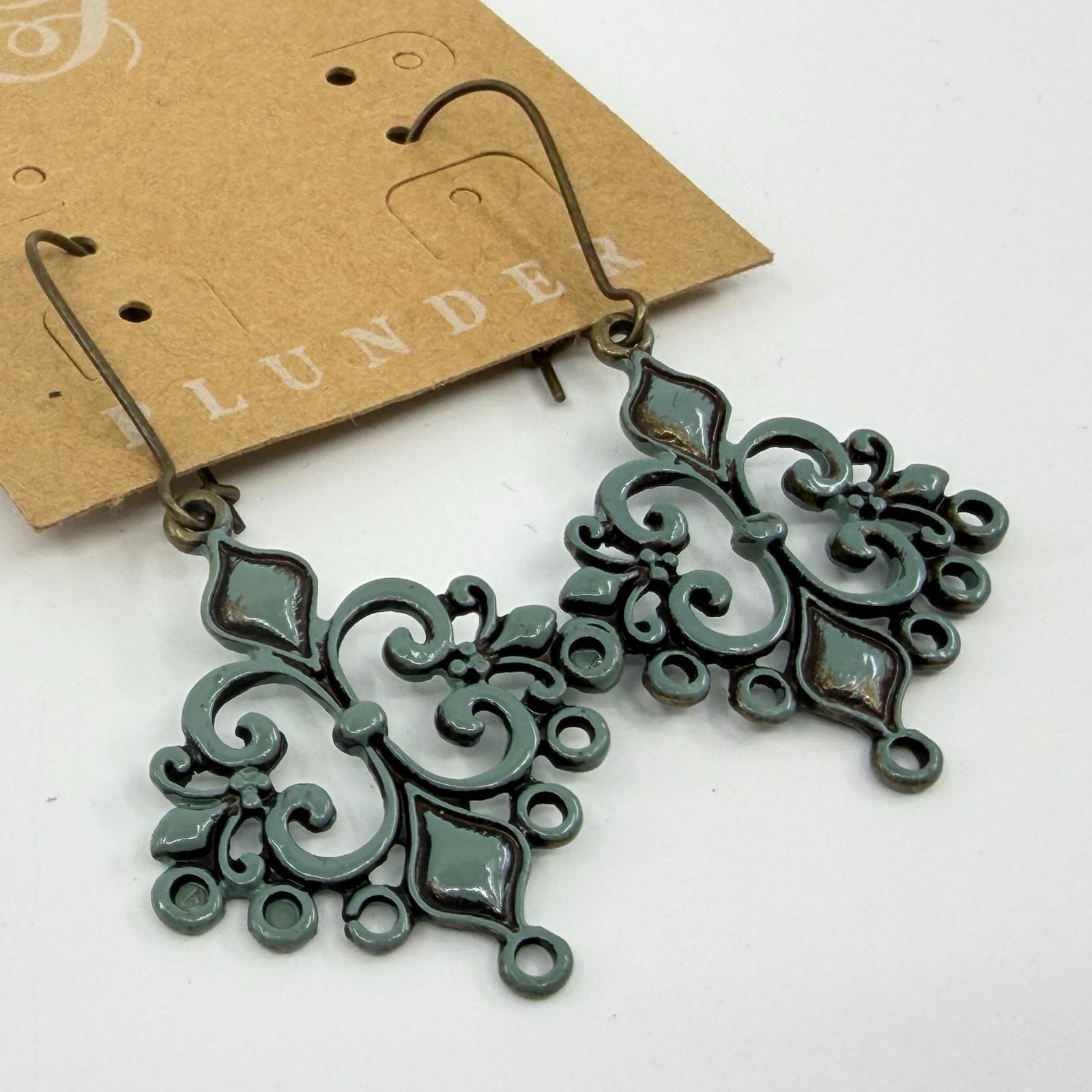 Plunder Design Sage Green Enamel Filigree Chandelier Dangle Earrings Boho Gift - Thumbnail 5