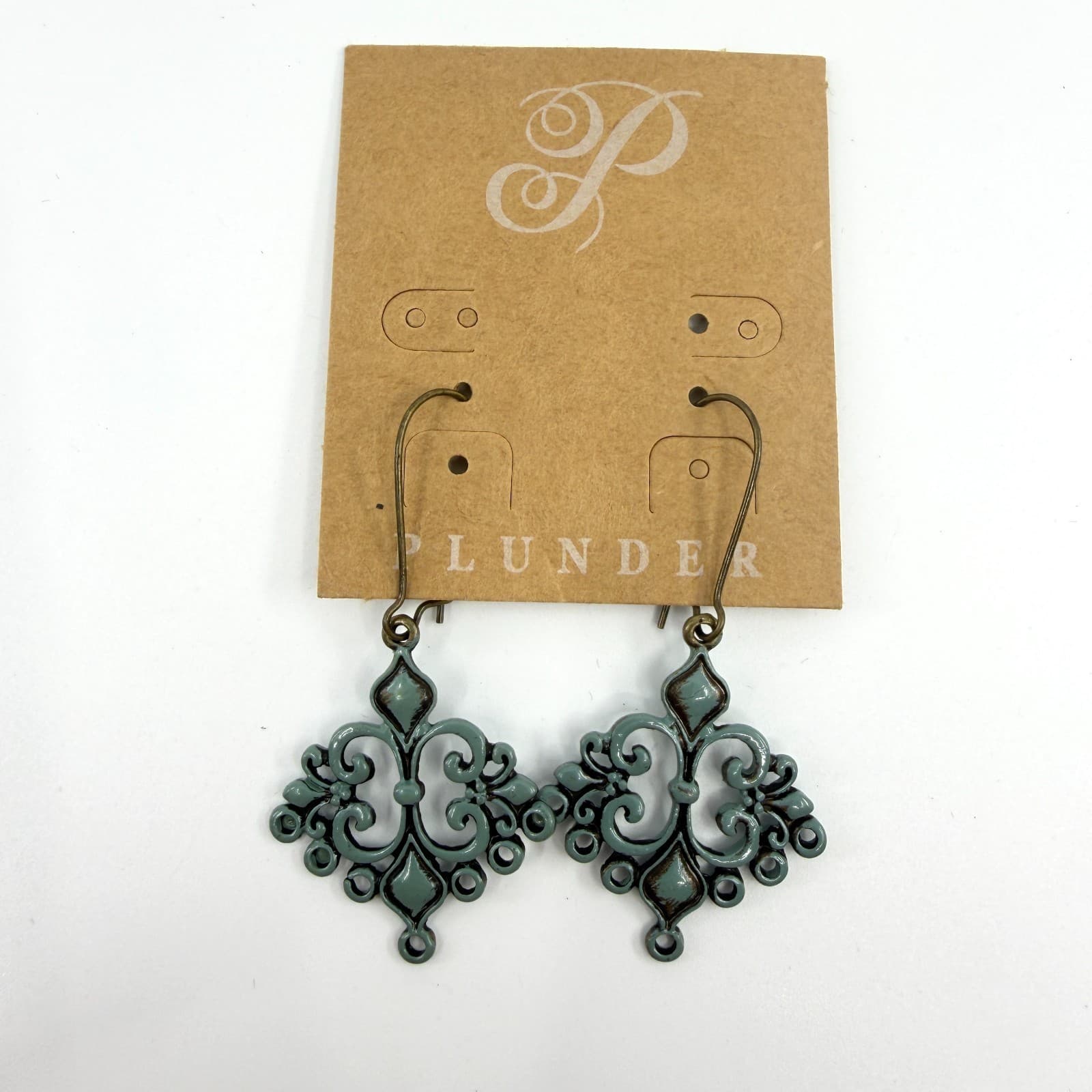 Plunder Design Sage Green Enamel Filigree Chandelier Dangle Earrings Boho Gift