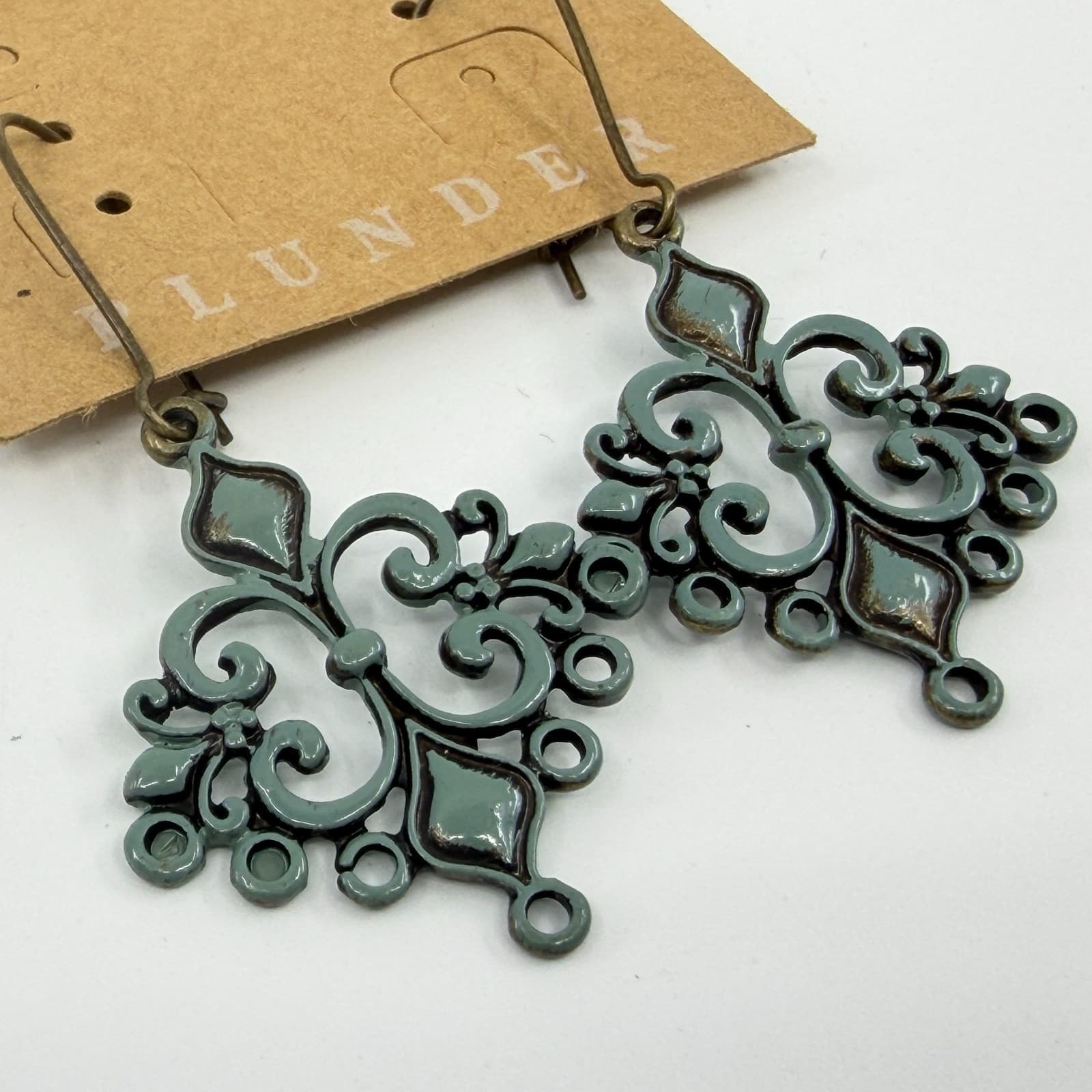 Plunder Design Sage Green Enamel Filigree Chandelier Dangle Earrings Boho Gift - Thumbnail 6