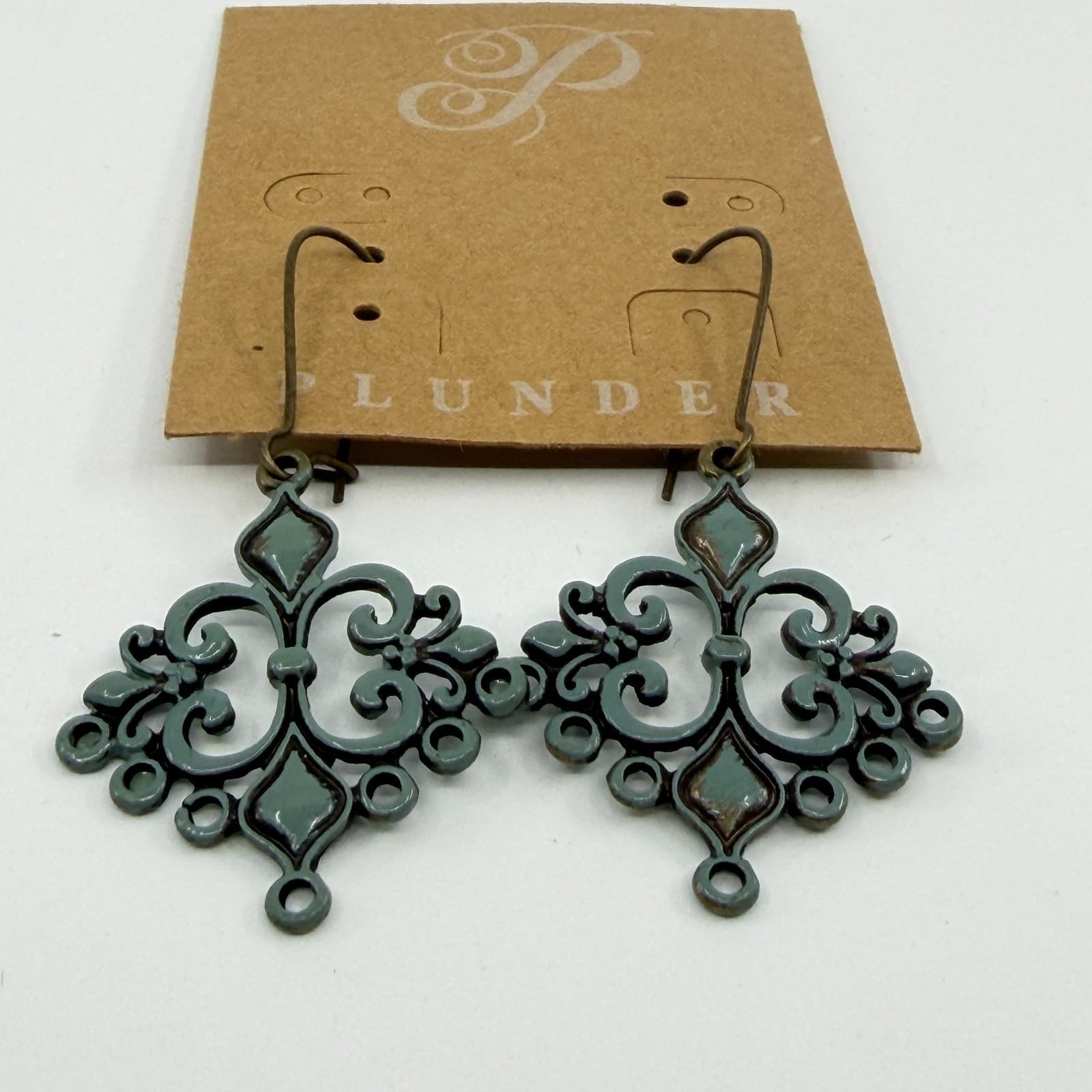 Plunder Design Sage Green Enamel Filigree Chandelier Dangle Earrings Boho Gift - Thumbnail 2