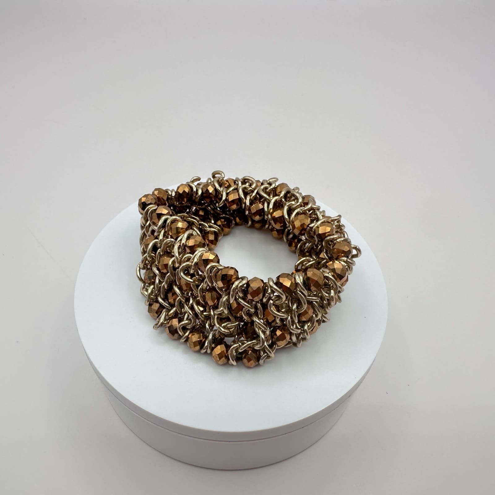 VTG Gold Tone Wide Mesh Stretch Cuff Bracelet Bronze Faceted Glass Bead Chunky - Thumbnail 7