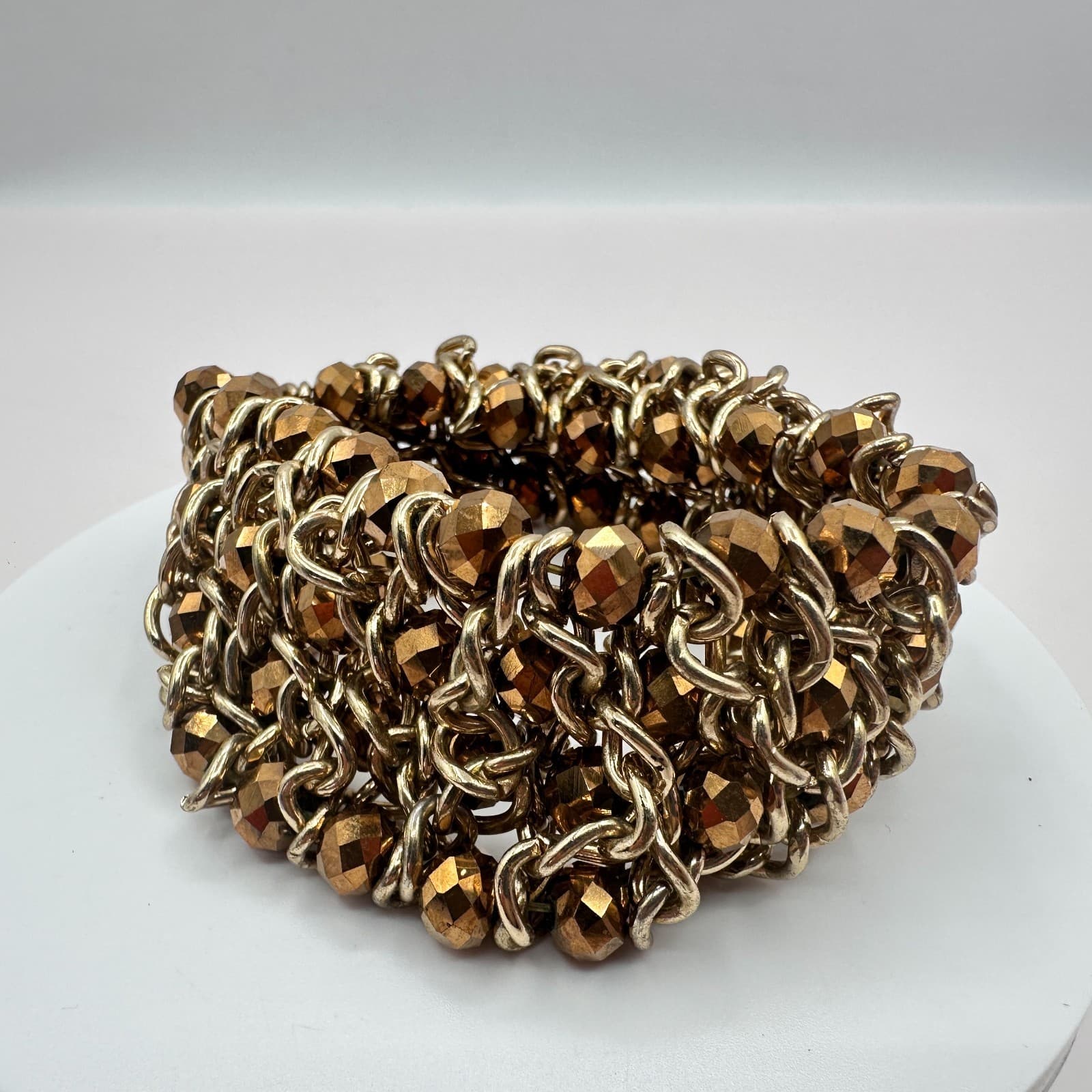 VTG Gold Tone Wide Mesh Stretch Cuff Bracelet Bronze Faceted Glass Bead Chunky - Thumbnail 6