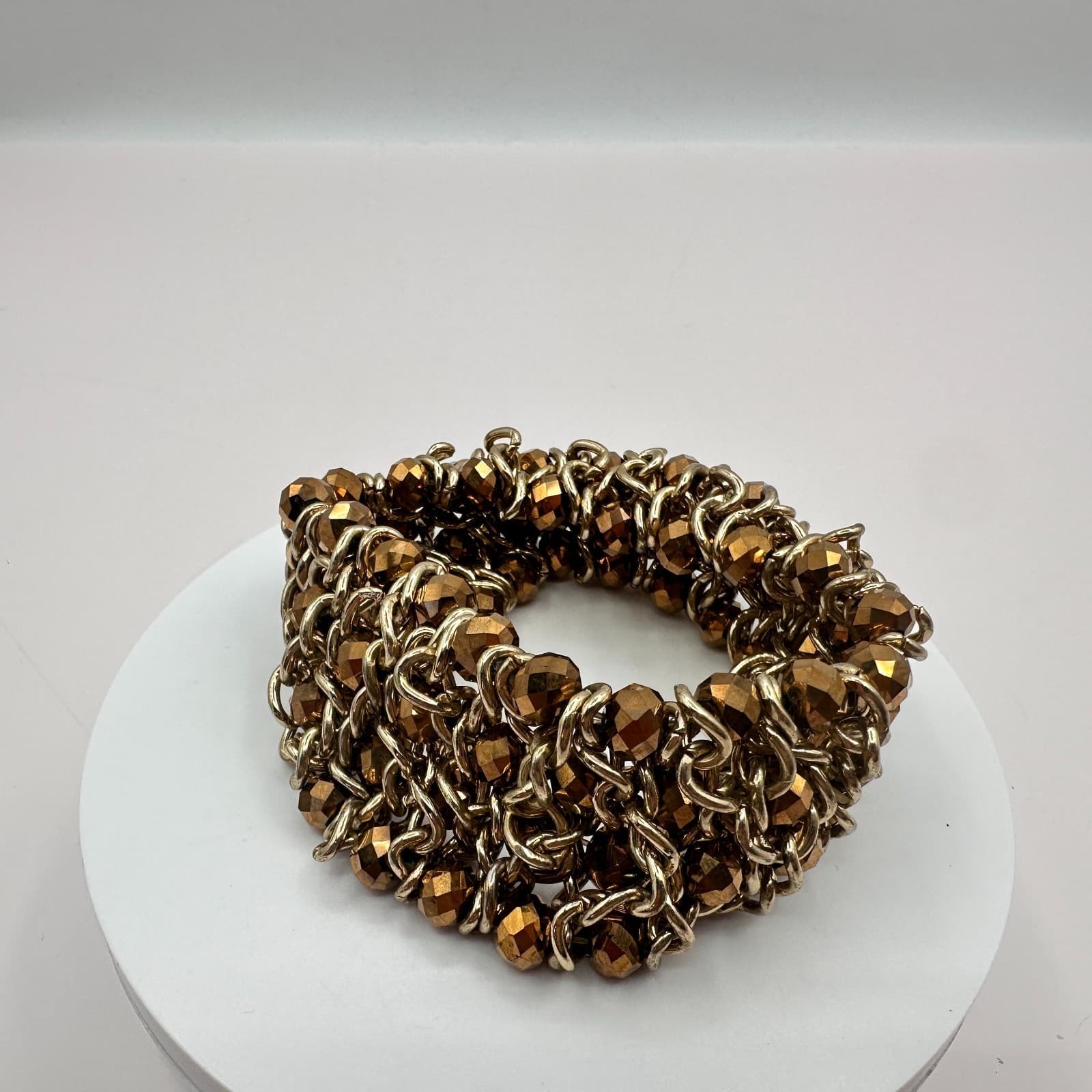 VTG Gold Tone Wide Mesh Stretch Cuff Bracelet Bronze Faceted Glass Bead Chunky - Thumbnail 2