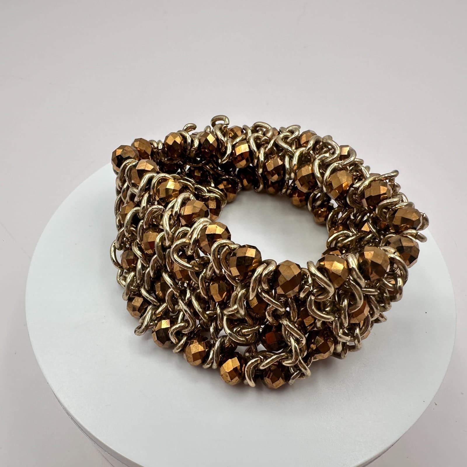 VTG Gold Tone Wide Mesh Stretch Cuff Bracelet Bronze Faceted Glass Bead Chunky - Thumbnail 3