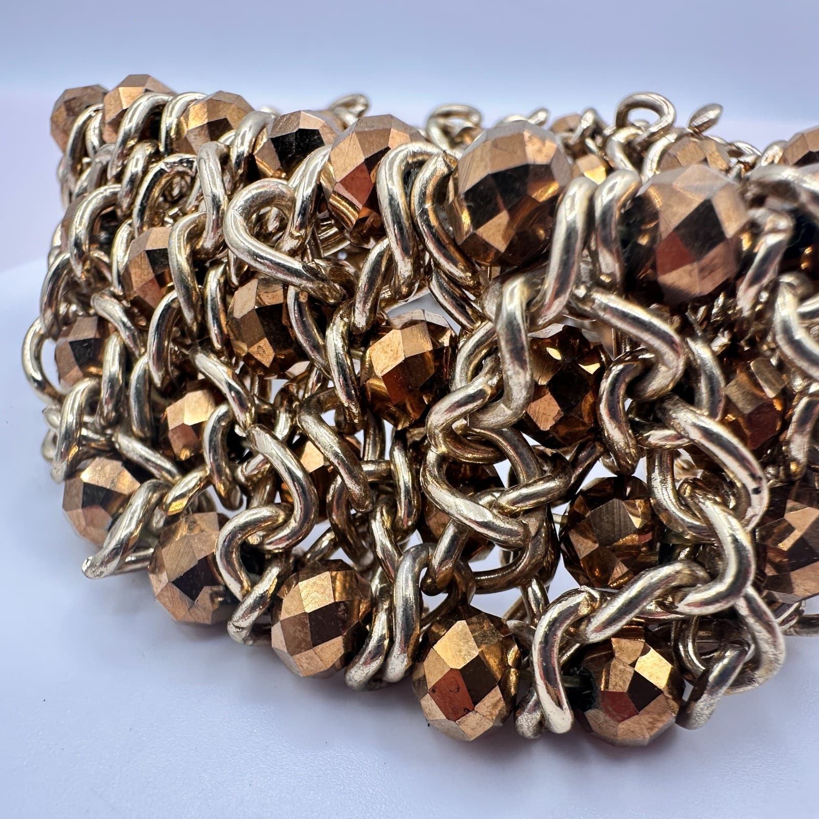 VTG Gold Tone Wide Mesh Stretch Cuff Bracelet Bronze Faceted Glass Bead Chunky - Thumbnail 5