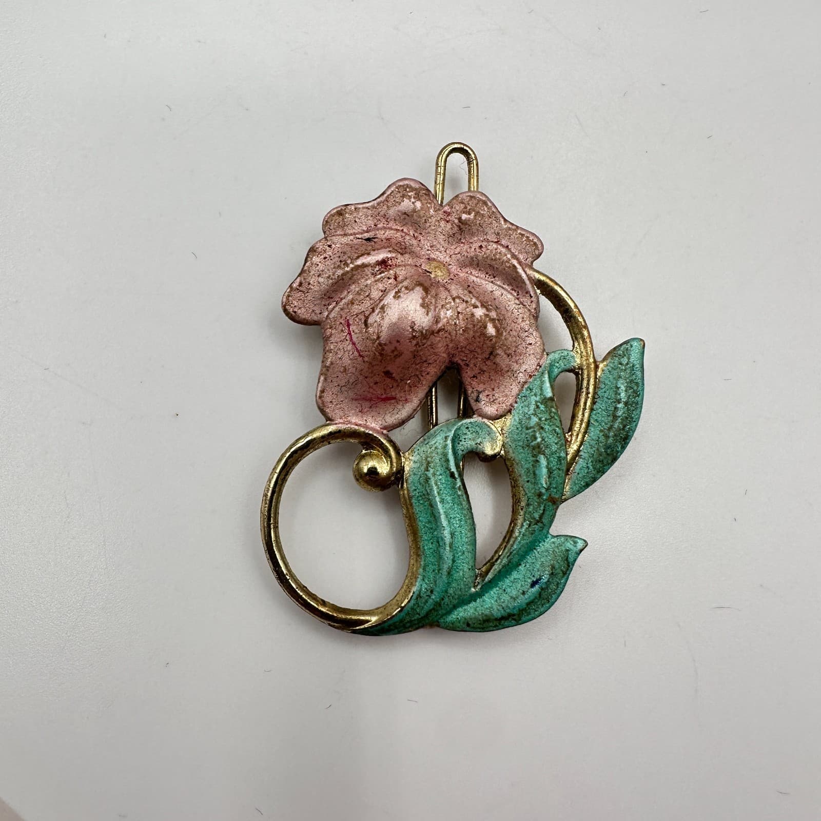 Vintage 90s Gold Tone Flower Brooch Pin Pink Green Enamel Women's Jewelry Boho - Thumbnail 3