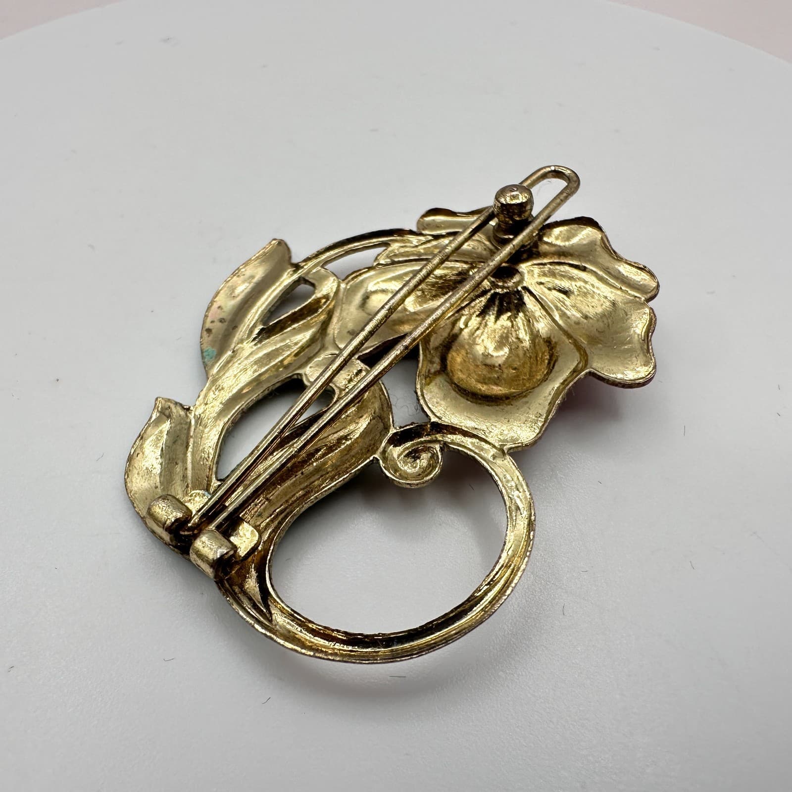 Vintage 90s Gold Tone Flower Brooch Pin Pink Green Enamel Women's Jewelry Boho - Thumbnail 4