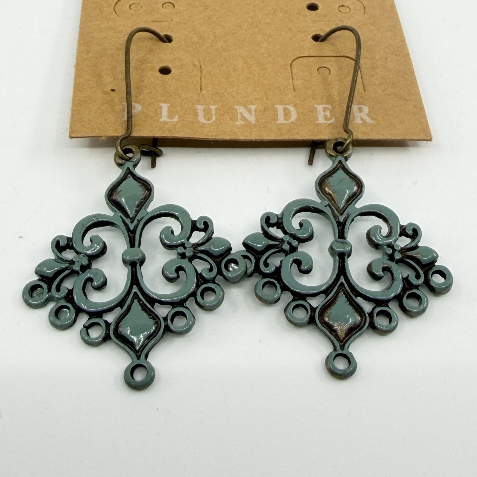 Plunder Design Sage Green Enamel Filigree Chandelier Dangle Earrings Boho Gift - Thumbnail 3
