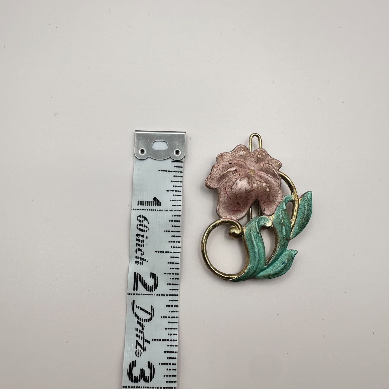 Vintage 90s Gold Tone Flower Brooch Pin Pink Green Enamel Women's Jewelry Boho - Thumbnail 6