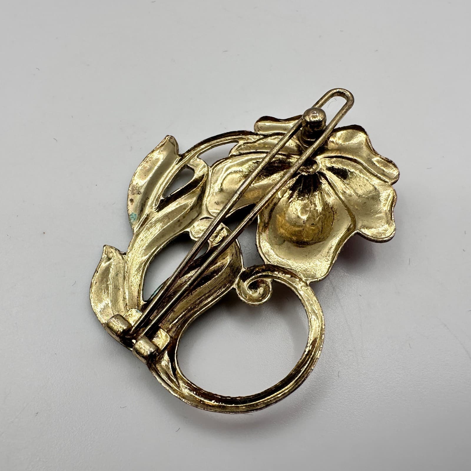 Vintage 90s Gold Tone Flower Brooch Pin Pink Green Enamel Women's Jewelry Boho - Thumbnail 5