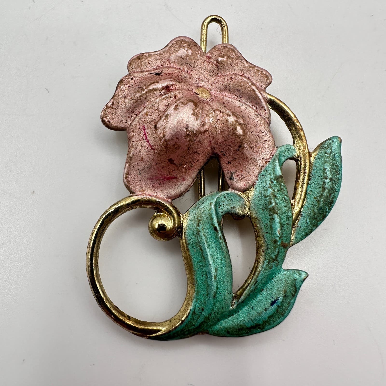 Vintage 90s Gold Tone Flower Brooch Pin Pink Green Enamel Women's Jewelry Boho