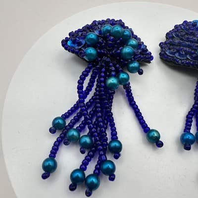 Vintage 90s Teal Blue Beaded Sequin Fringe Dangle Earrings Women's Jewelry - Thumbnail 4