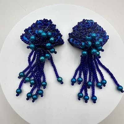 Vintage 90s Teal Blue Beaded Sequin Fringe Dangle Earrings Women's Jewelry - Thumbnail 3