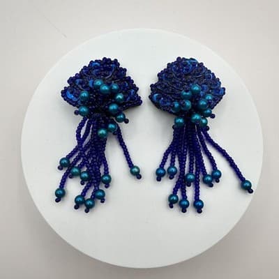 Vintage 90s Teal Blue Beaded Sequin Fringe Dangle Earrings Women's Jewelry - Thumbnail 2