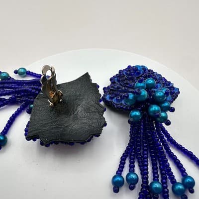 Vintage 90s Teal Blue Beaded Sequin Fringe Dangle Earrings Women's Jewelry - Thumbnail 6