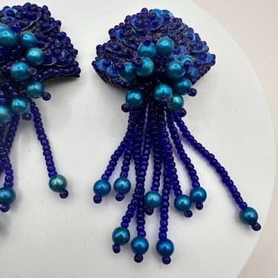 Vintage 90s Teal Blue Beaded Sequin Fringe Dangle Earrings Women's Jewelry - Thumbnail 5