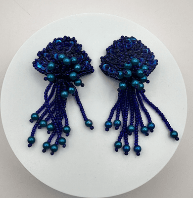 Vintage 90s Teal Blue Beaded Sequin Fringe Dangle Earrings Women's Jewelry