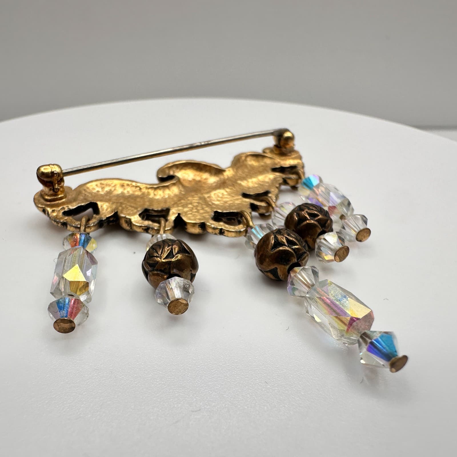 Vintage 80s Ornate Scrollwork Gold Tone Brooch Pin Crystal Bead Dangles Jewelry - Thumbnail 3