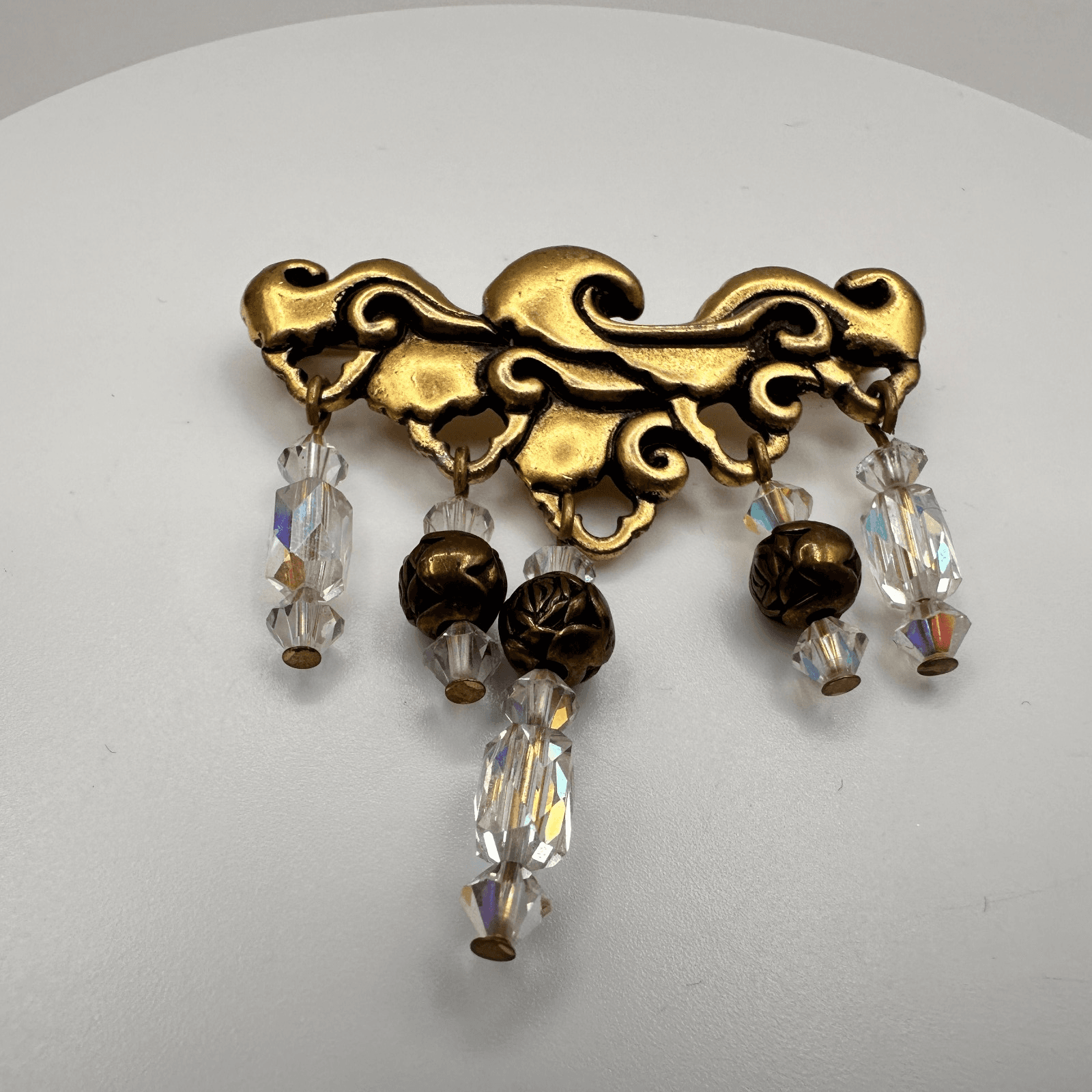 Vintage 80s Ornate Scrollwork Gold Tone Brooch Pin Crystal Bead Dangles Jewelry