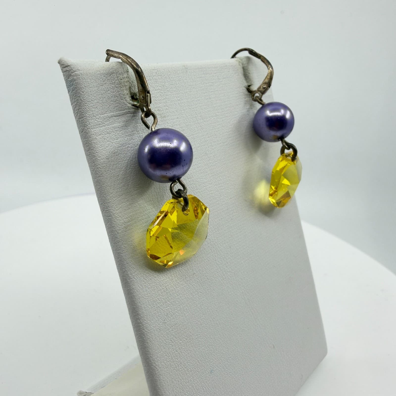Celestial Yellow Crystal Dangle Earrings Purple Faux Pearl Statement Boho Gift - Thumbnail 2