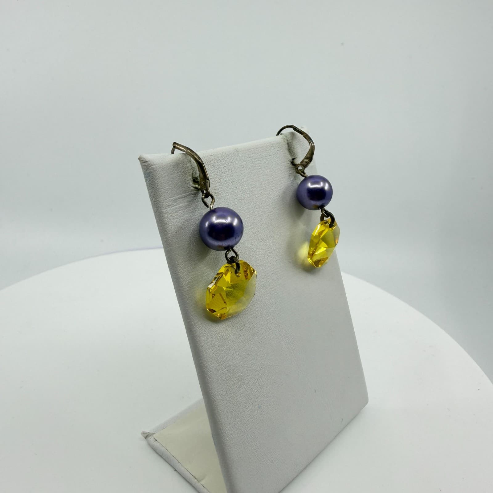 Celestial Yellow Crystal Dangle Earrings Purple Faux Pearl Statement Boho Gift - Thumbnail 3
