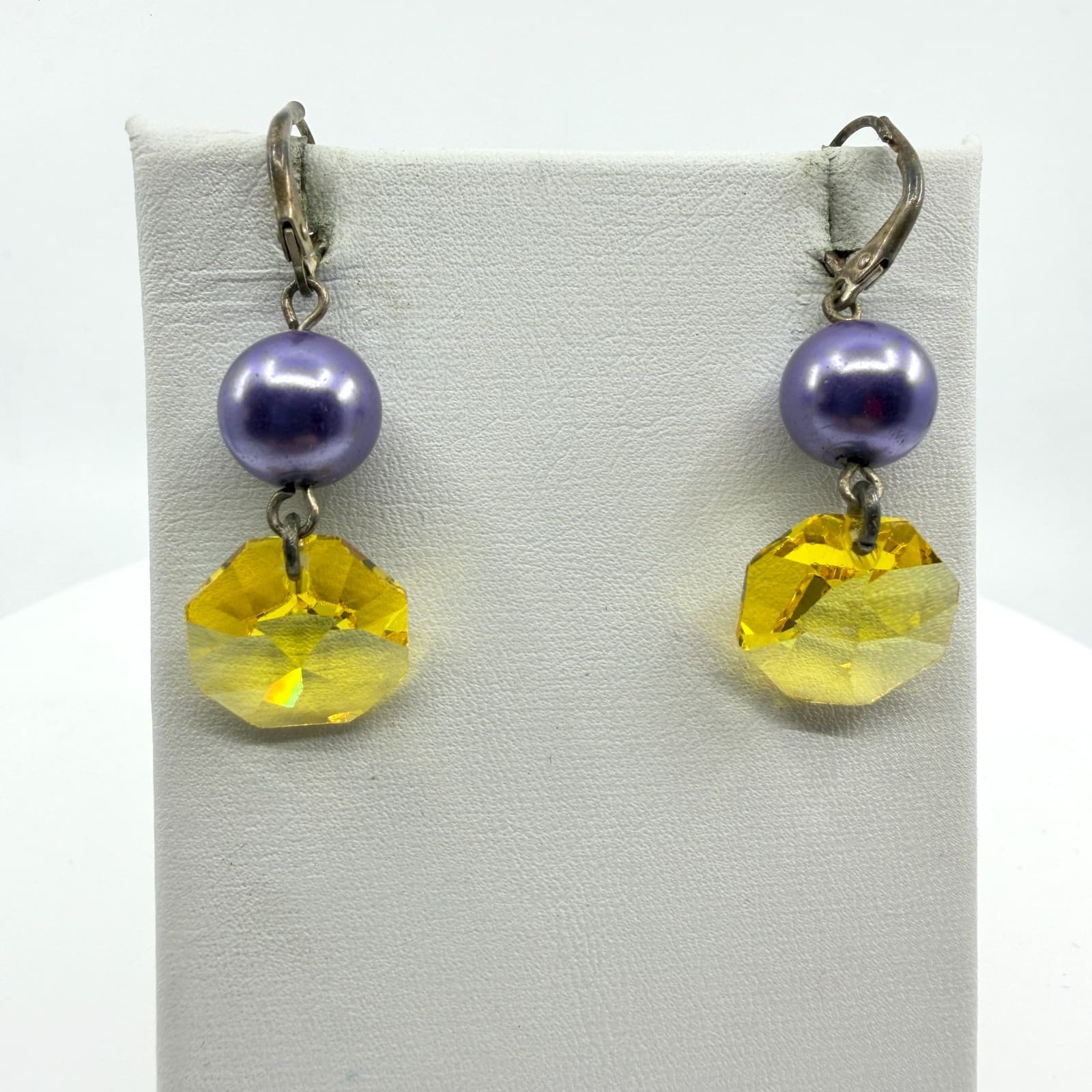 Celestial Yellow Crystal Dangle Earrings Purple Faux Pearl Statement Boho Gift
