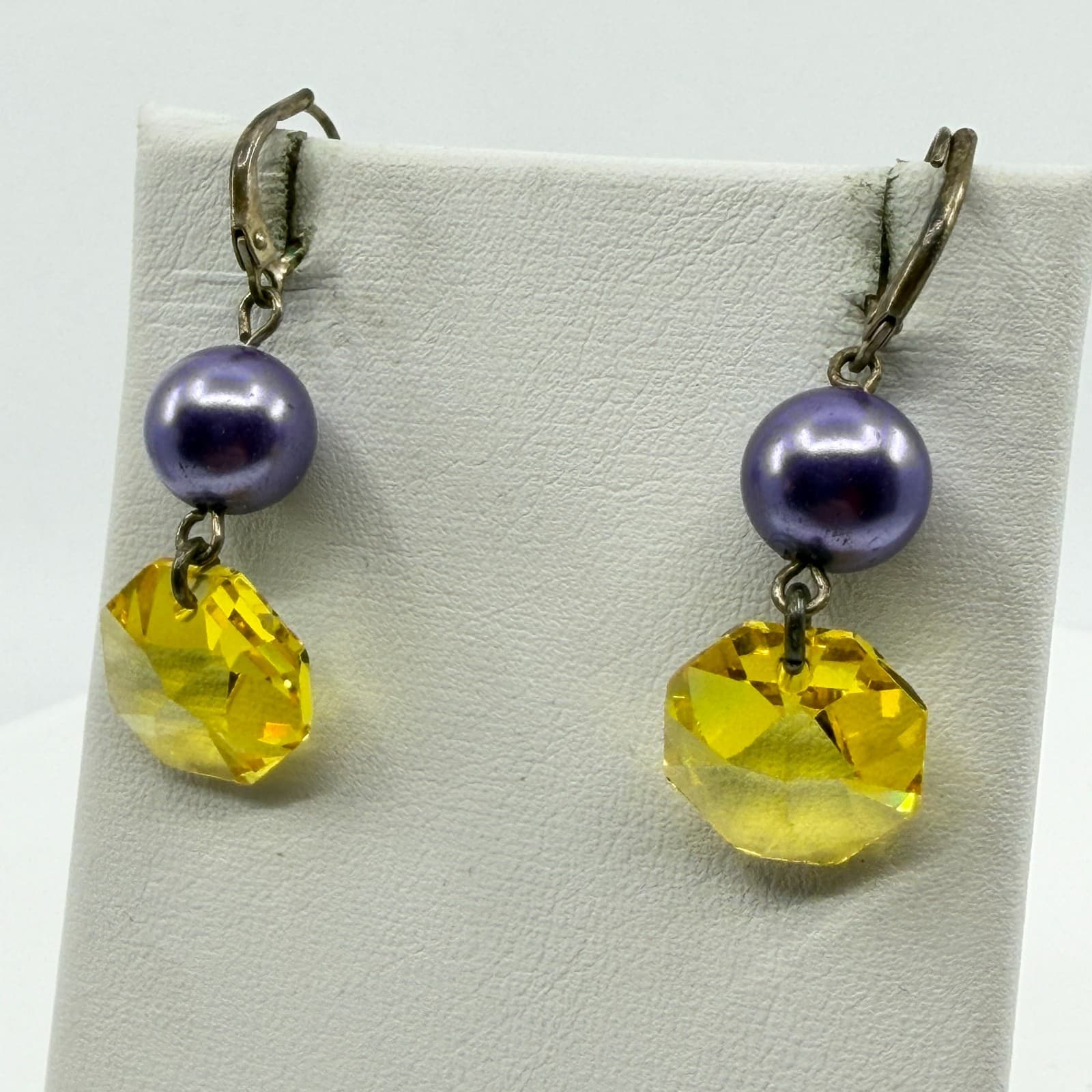Celestial Yellow Crystal Dangle Earrings Purple Faux Pearl Statement Boho Gift - Thumbnail 5