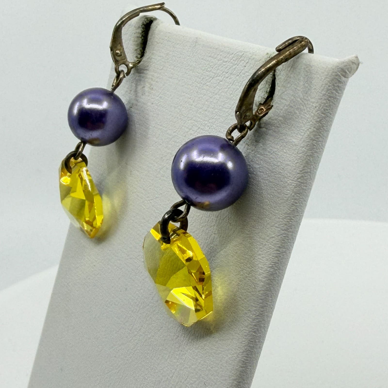Celestial Yellow Crystal Dangle Earrings Purple Faux Pearl Statement Boho Gift - Thumbnail 4