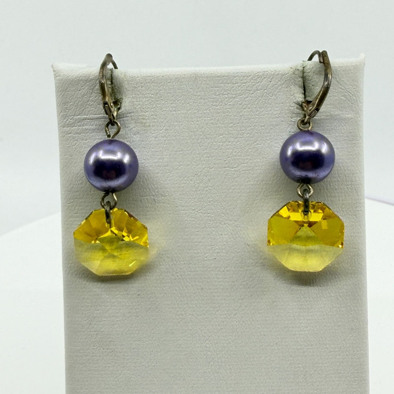 Celestial Yellow Crystal Dangle Earrings Purple Faux Pearl Statement Boho Gift - Thumbnail 6