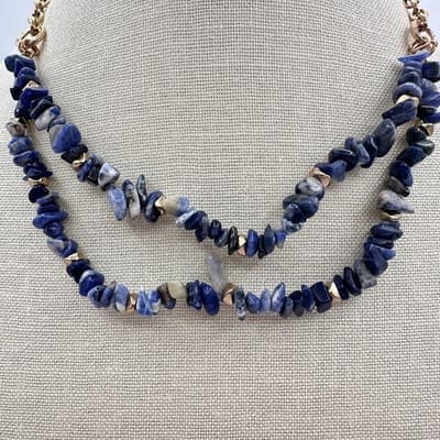 Vintage Y2K Gold Tone Double Strand Blue Sodalite Chip Chunky Necklace Jewelry - Thumbnail 6