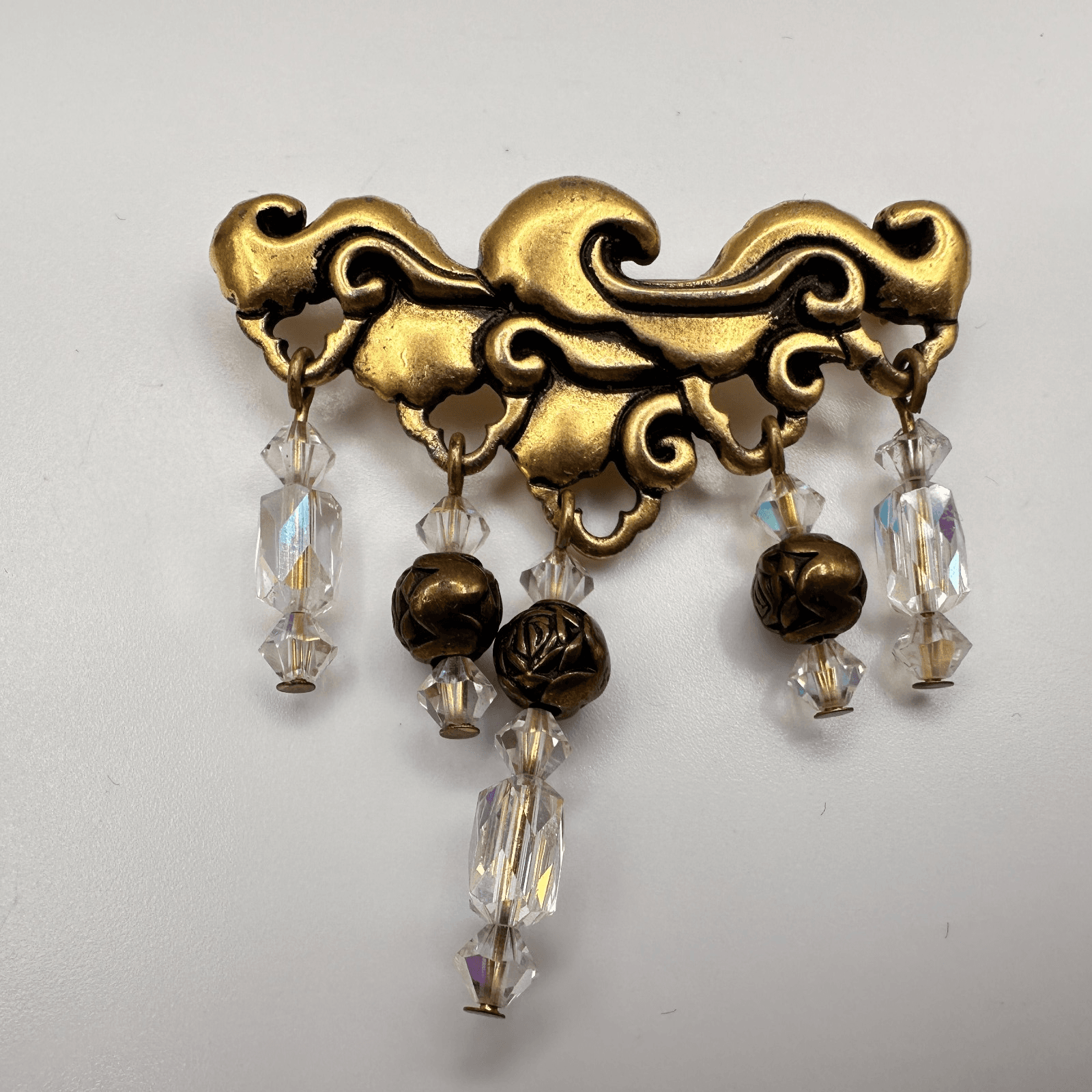 Vintage 80s Ornate Scrollwork Gold Tone Brooch Pin Crystal Bead Dangles Jewelry - Thumbnail 2