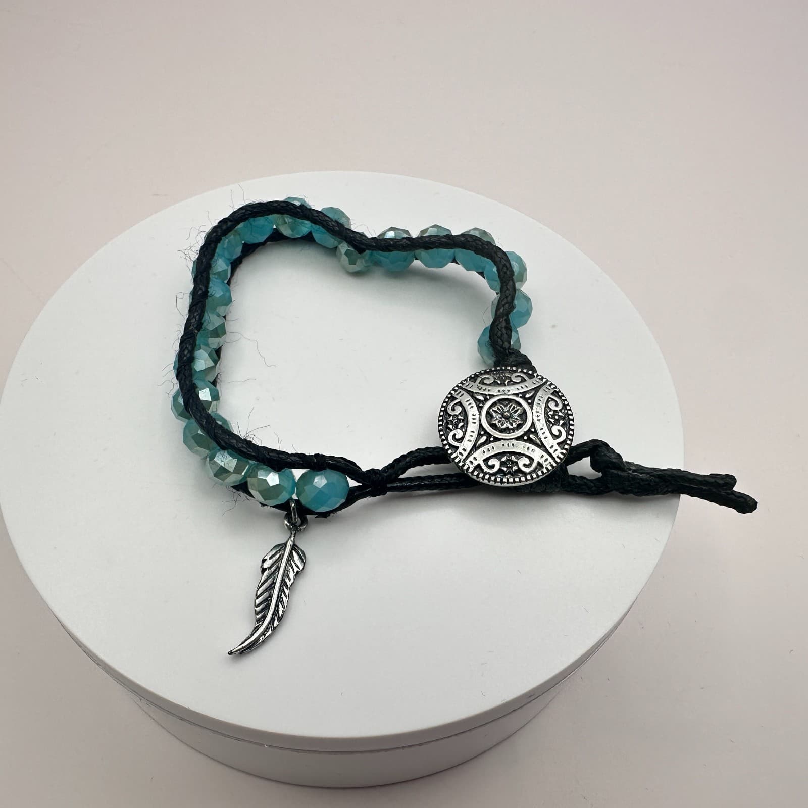 Vintage 90s Silver Tone Feather Button Teal Beaded Wrap Bracelet Women's Jewelry - Thumbnail 6