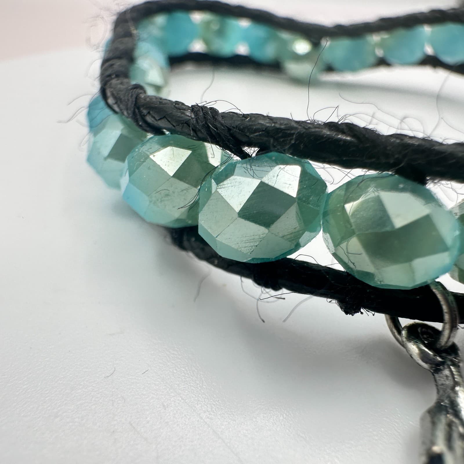 Vintage 90s Silver Tone Feather Button Teal Beaded Wrap Bracelet Women's Jewelry - Thumbnail 4