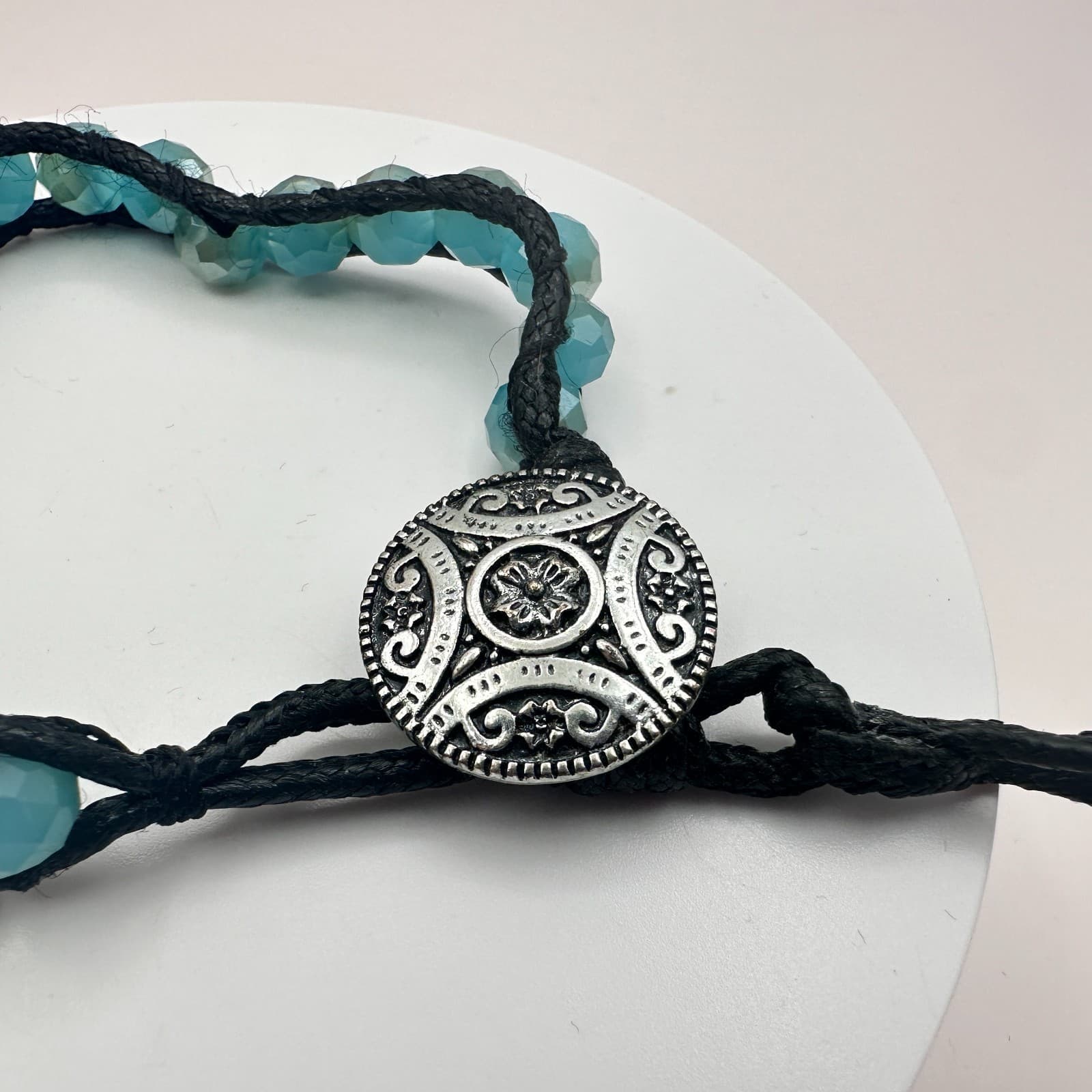 Vintage 90s Silver Tone Feather Button Teal Beaded Wrap Bracelet Women's Jewelry - Thumbnail 5