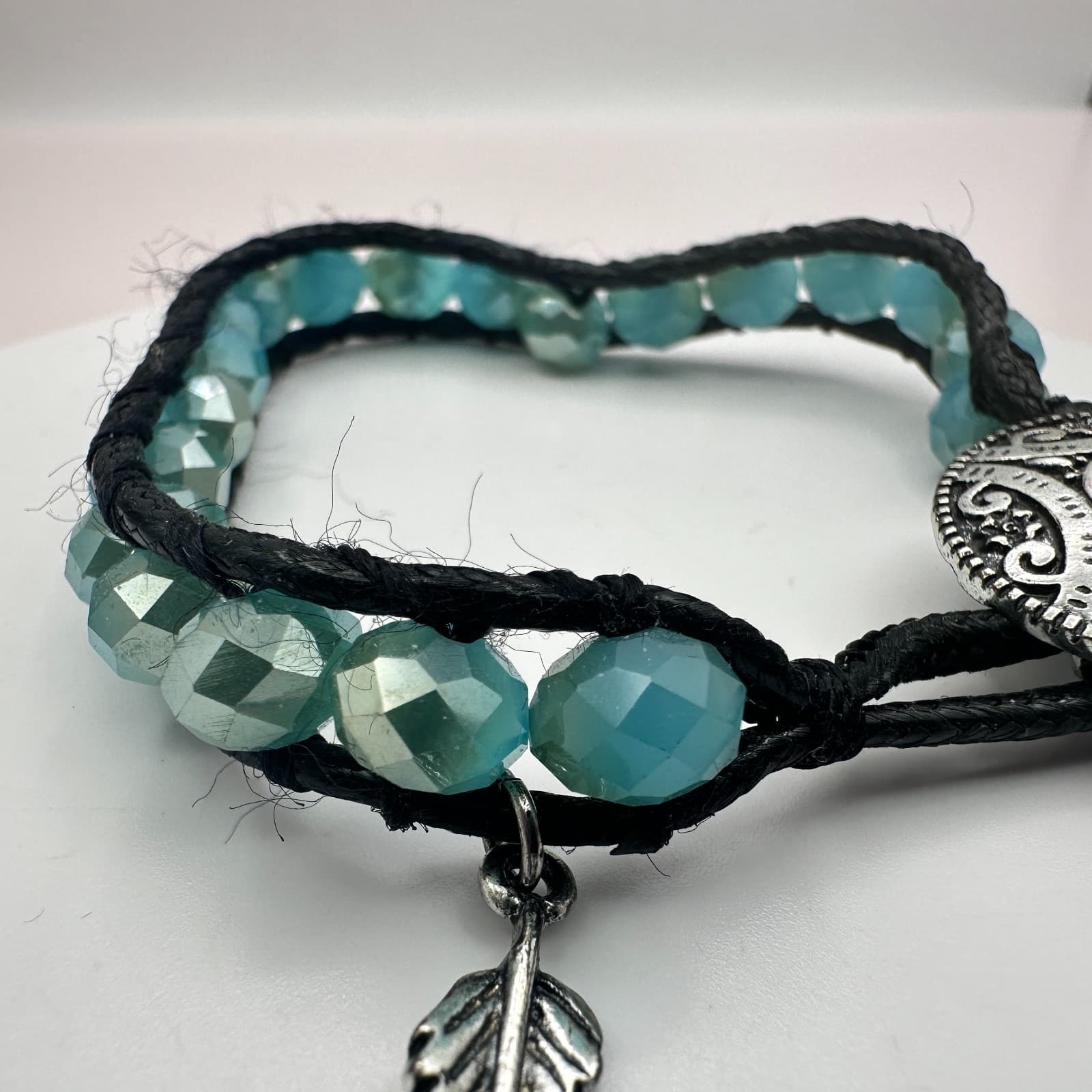 Vintage 90s Silver Tone Feather Button Teal Beaded Wrap Bracelet Women's Jewelry - Thumbnail 7