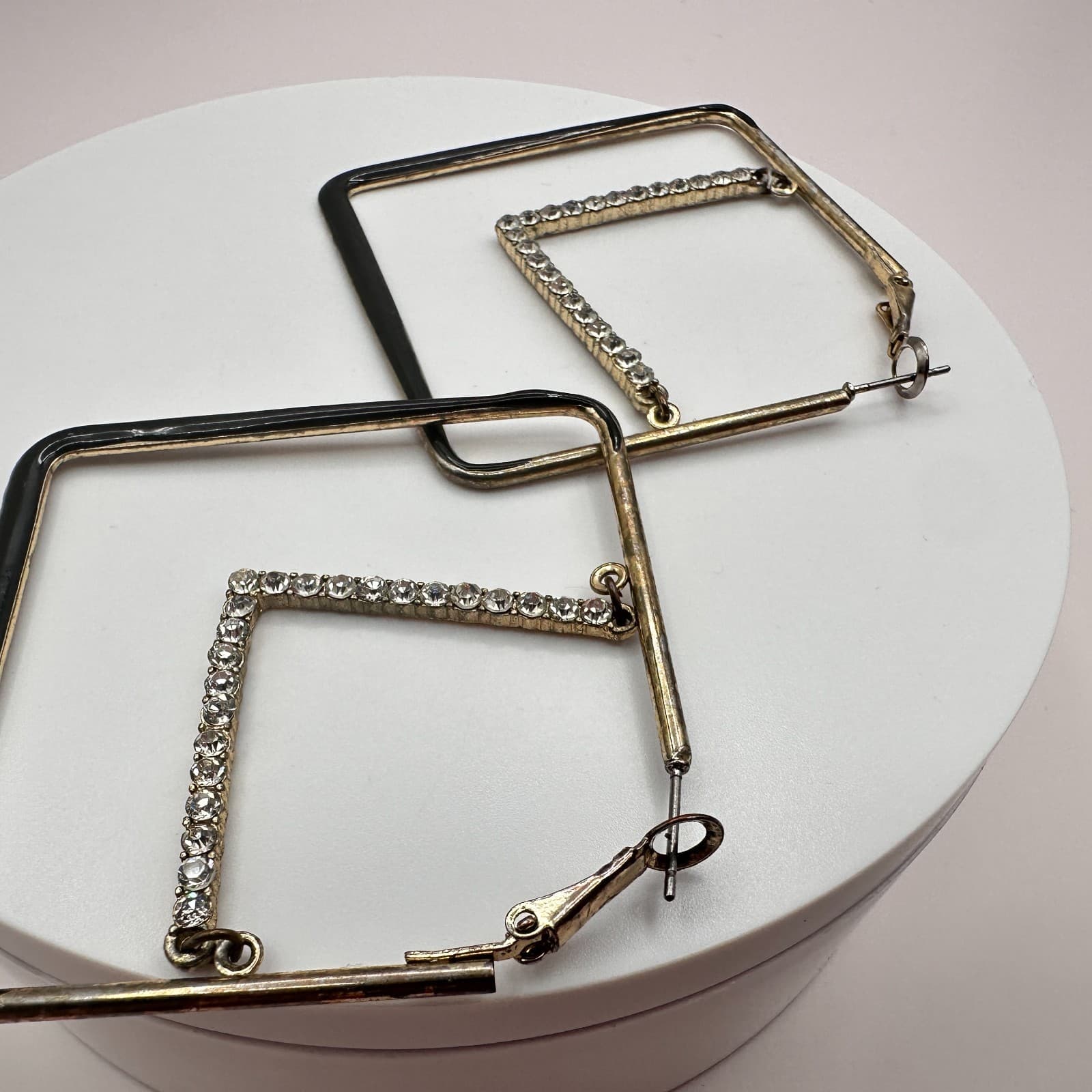Vintage 90s Square Black Enamel Crystal Hoop Earrings Silver Tone Jewelry Retro - Thumbnail 7