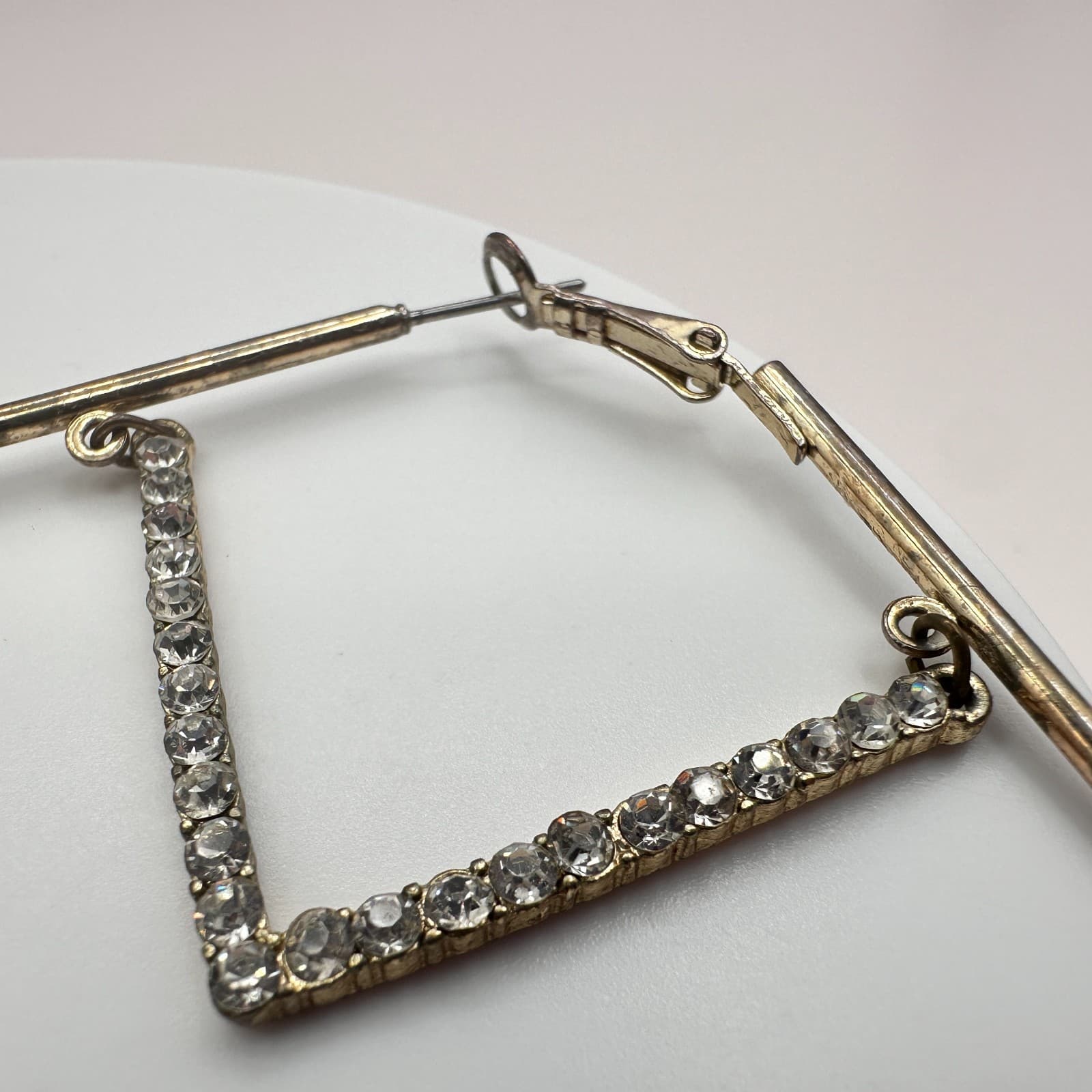 Vintage 90s Square Black Enamel Crystal Hoop Earrings Silver Tone Jewelry Retro - Thumbnail 6