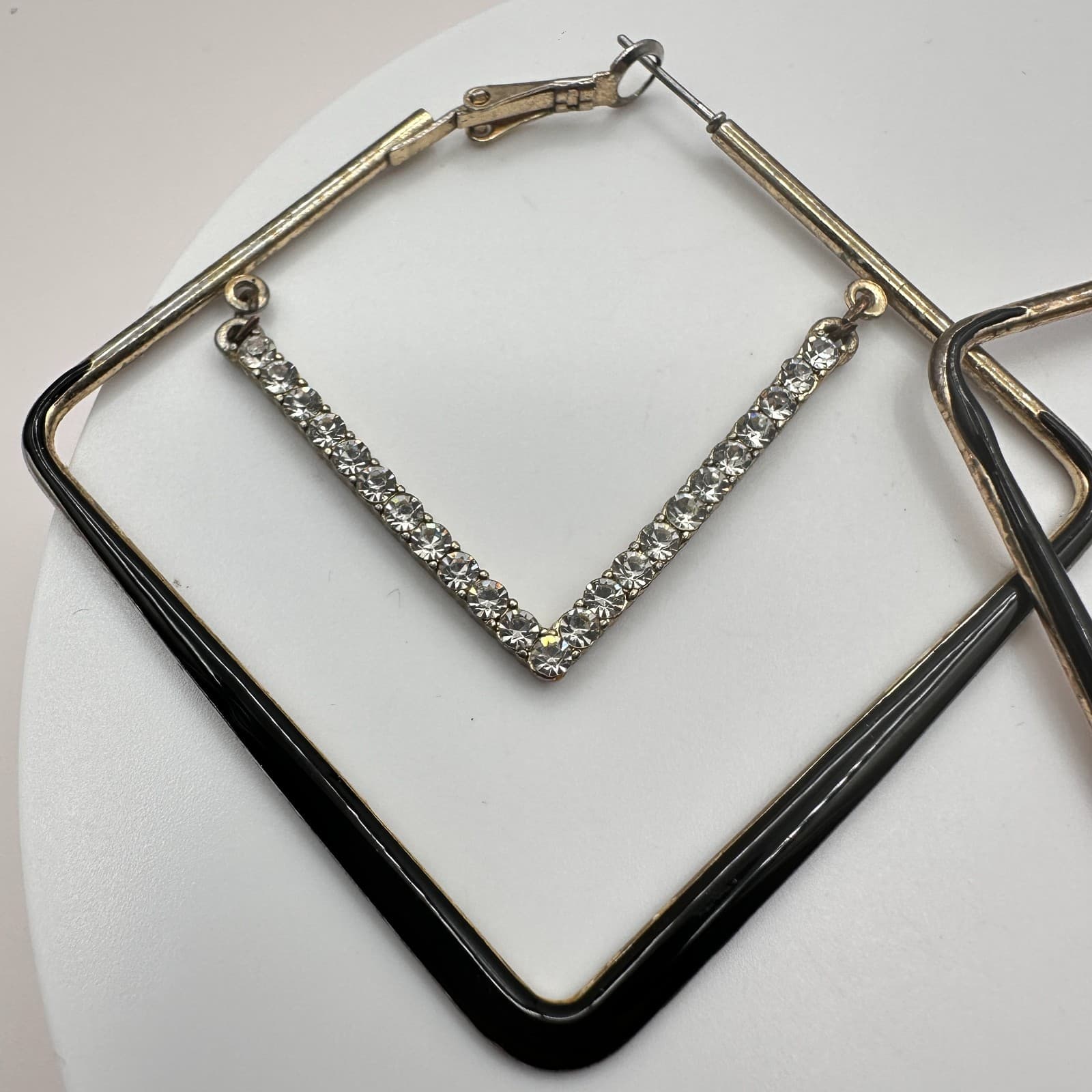 Vintage 90s Square Black Enamel Crystal Hoop Earrings Silver Tone Jewelry Retro - Thumbnail 4