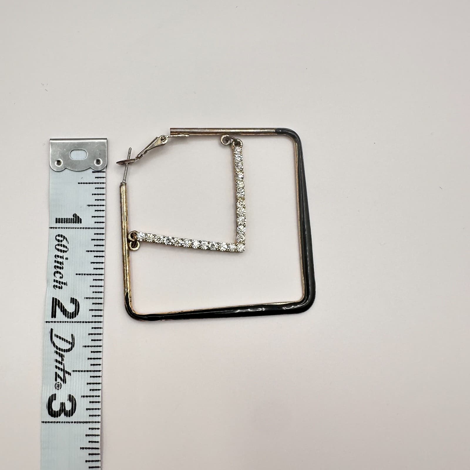 Vintage 90s Square Black Enamel Crystal Hoop Earrings Silver Tone Jewelry Retro - Thumbnail 8